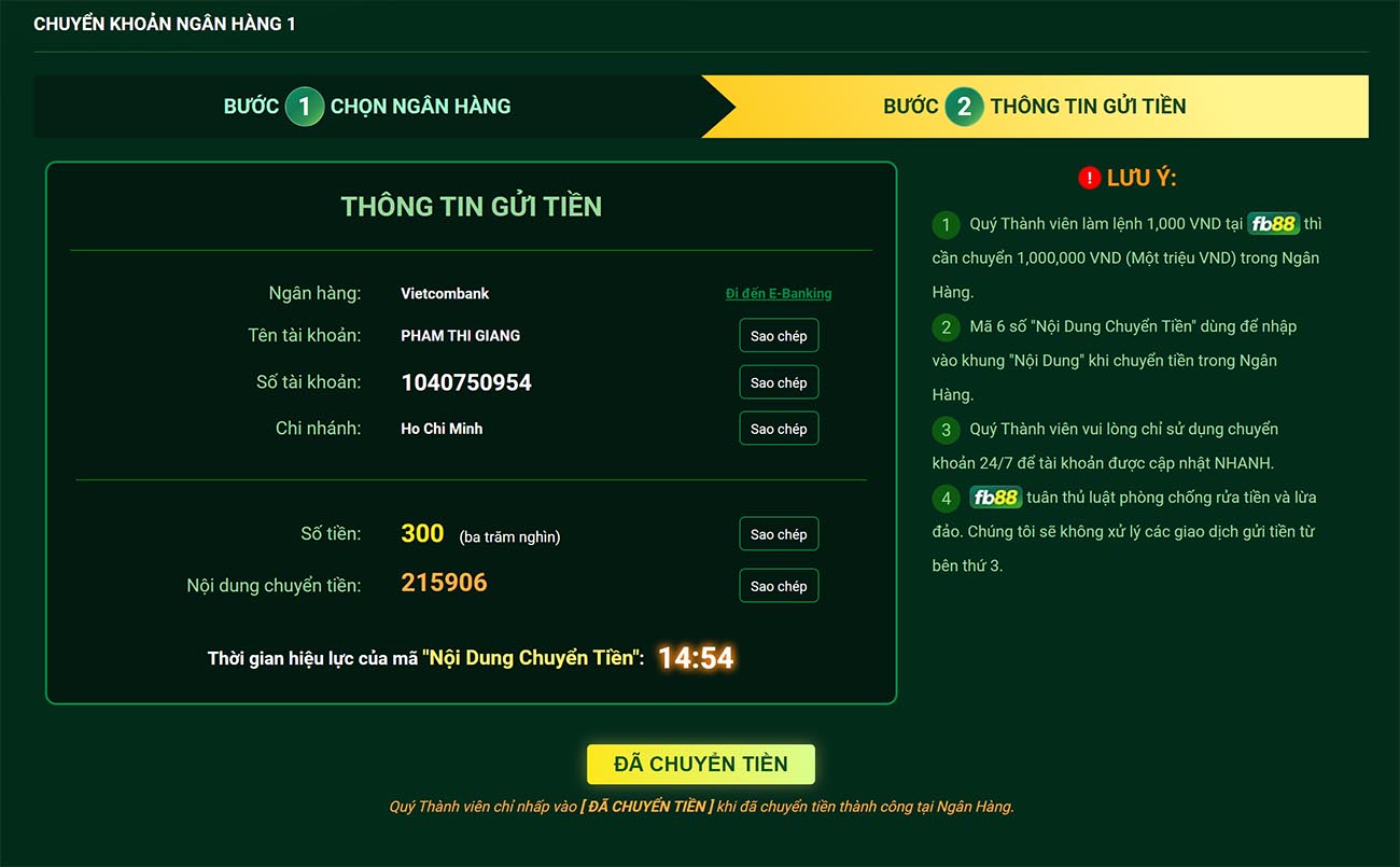 Nạp tiền FB88 thông qua ngân hàng điện tử dễ dàng 